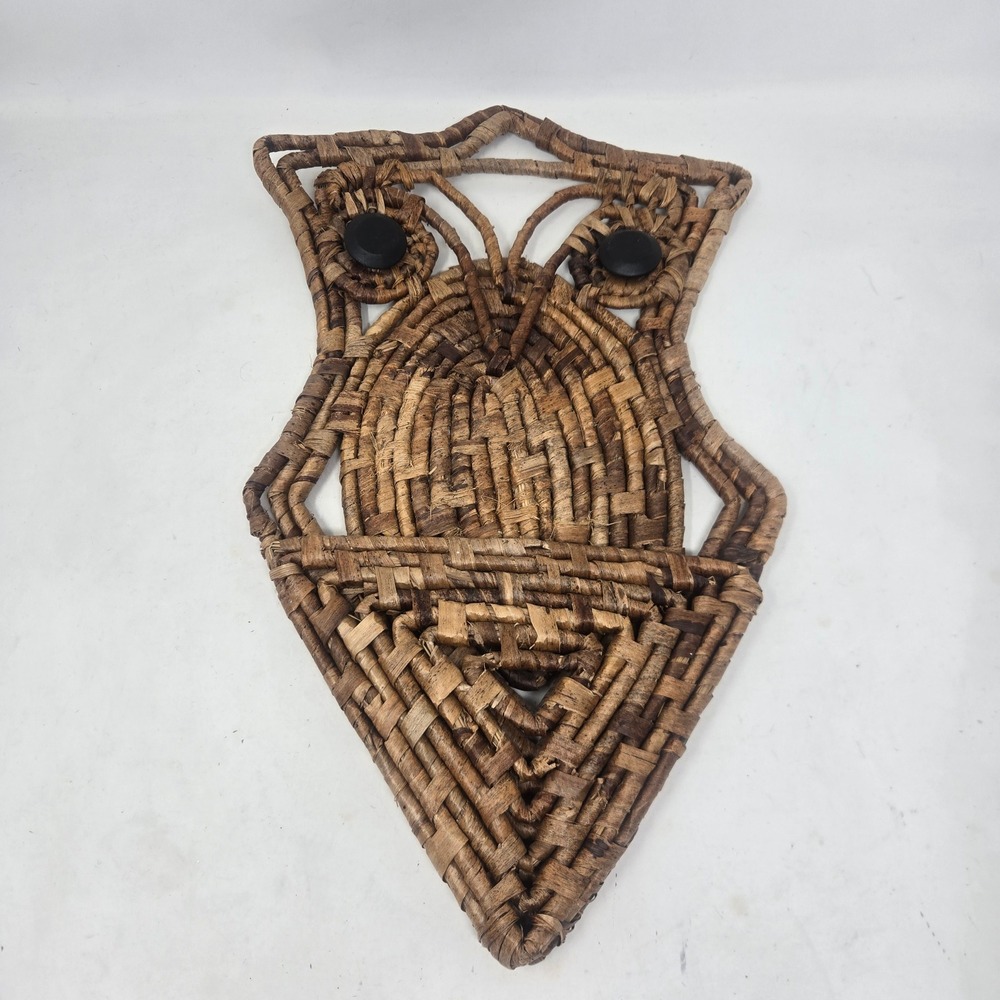 Vintage Woven Wicker Owl Wall Hanging Basket Boho Decor Natural Brown 16.5in